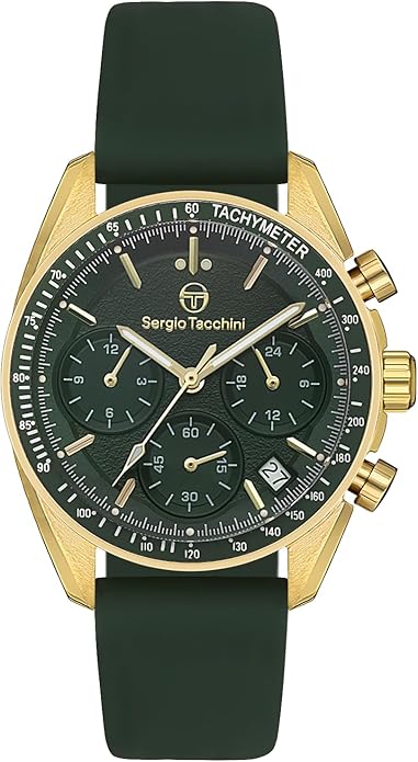 Sergio Tacchini Coast Life Women's Silicone Strap Watch Stainless Steel 38mm Waterproof Quartz GMT Green/Gold